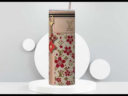 LV Beige Cherry Blossom Lunch Tote and Tumbler Set Leather Texture