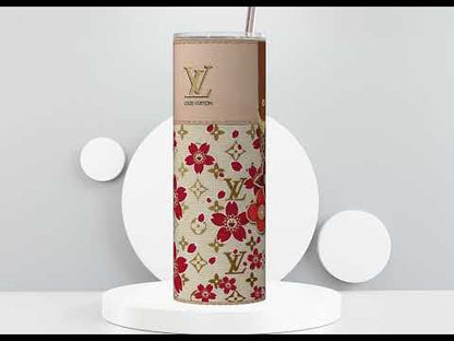 LV Beige Cherry Blossom Lunch Tote and Tumbler Set Fabric Texture