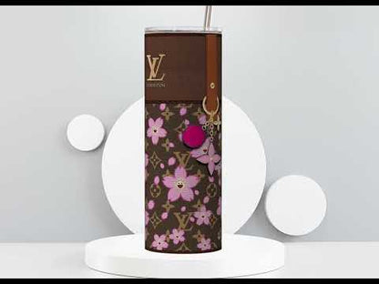 LV Brown Cherry Blossom Lunch Tote and Tumbler Set Fabric Texture