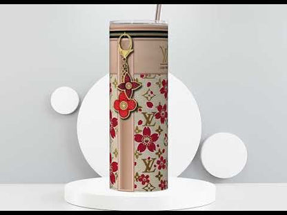 LV Beige Cherry Blossom Lunch Tote and Tumbler Set Fabric Texture