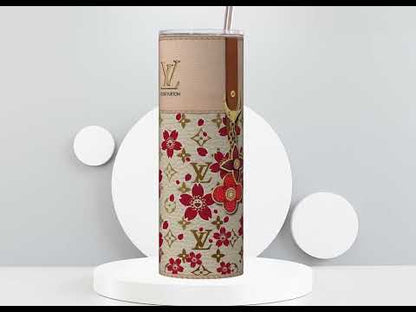 LV Beige Cherry Blossom Lunch Tote and Tumbler Set Leather Texture