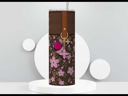 LV Brown Cherry Blossom Lunch Tote and Tumbler Set Leather Texture