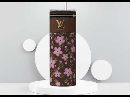 LV Brown Cherry Blossom Lunch Tote and Tumbler Set Leather Texture