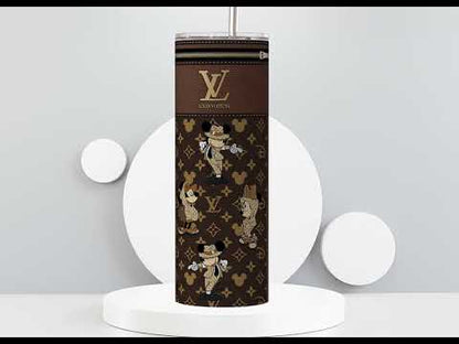 LV Brown Mickey & Minnie Monogram Lunch Tote and Tumbler Set Fabric Texture