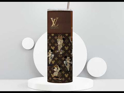 LV Brown Mickey & Minnie Monogram Lunch Tote and Tumbler Set Fabric Texture