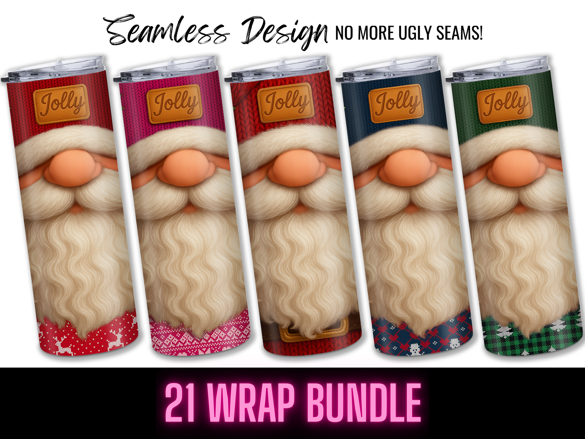 This Santa Ugly Sweater Tumbler Wrap Bundle features 21 seamless PNG designs with festive backgrounds. Perfect for 20 oz sublimation tumblers! Text reads "Seamless Design No More Ugly Seams!" above and "21 Wrap Bundle" below. Digital download.
