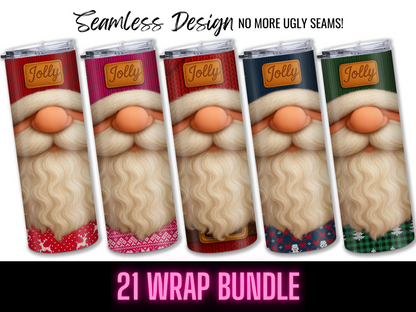 This Santa Ugly Sweater Tumbler Wrap Bundle features 21 seamless PNG designs with festive backgrounds. Perfect for 20 oz sublimation tumblers! Text reads "Seamless Design No More Ugly Seams!" above and "21 Wrap Bundle" below. Digital download.