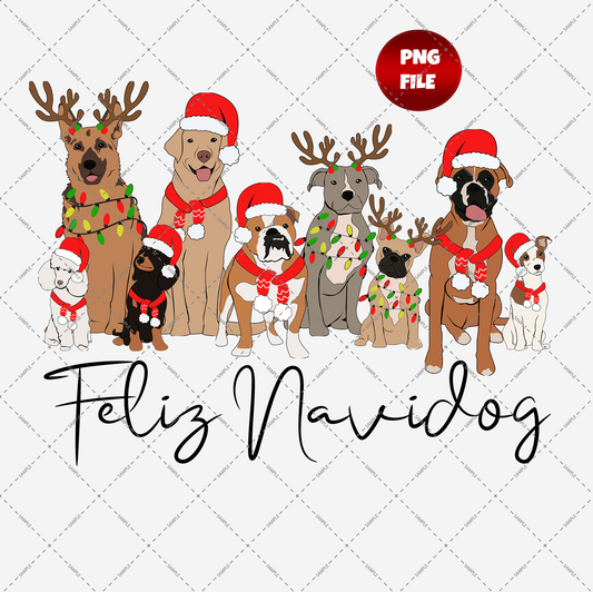 The "Feliz Navidog" Transparent PNG File features nine dogs adorned with Santa hats, festive accessories, and a few sporting reindeer antlers, all set against a transparent background. The phrase "Feliz Navidog" is elegantly written below in cursive. This high-resolution digital file beautifully encapsulates the holiday spirit.